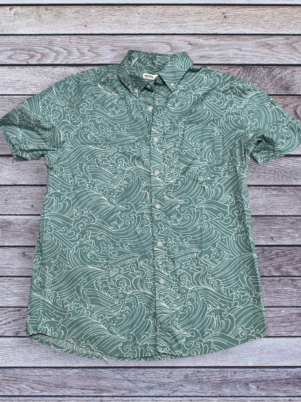 Sonoma light Green / teal Wave-Pattern Short Sleeve Button-Down Shirt Medium